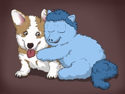 Size: 1024x768 | Tagged: safe, artist:spoons, corgi, dog, fluffy pony, fluffy pony original art, hug