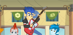 Size: 1024x497 | Tagged: safe, screencap, crimson napalm, flash sentry, thunderbass, valhallen, equestria girls, g4, my little pony equestria girls, background human, guitar, helping twilight win the crown