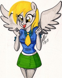 Size: 1058x1331 | Tagged: safe, artist:newyorkx3, derpy hooves, hybrid, anthro, equestria girls, g4, clothes, eared humanization, equestria girls outfit, female, happy, humanized, solo, traditional art, winged humanization