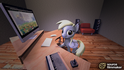 Size: 1920x1080 | Tagged: safe, artist:chaotrix, derpy hooves, pegasus, pony, derpibooru, g4, 3d, atari 2600, computer, female, imac, mare, meta, solo, source filmmaker