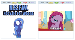 Size: 536x291 | Tagged: safe, pinkie pie, princess luna, g4, cute, exploitable meme, filly, juxtaposition, juxtaposition win, meme, not safe for woona, pinkamena diane pie, woona