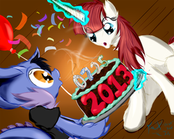 Size: 960x768 | Tagged: safe, artist:frist44, oc, oc only, oc:fausticorn, oc:frist, dracony, balloon, birthday, cake, candle, confetti, lauren faust