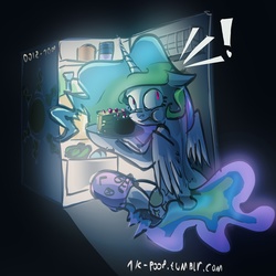 Size: 1280x1280 | Tagged: safe, artist:alumx, princess celestia, g4, cake, cakelestia, caught, clothes, dark, eating, female, food, glowing, refrigerator, slippers, solo