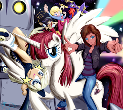 Size: 960x864 | Tagged: safe, alternate version, artist:frist44, oc, oc:fausticorn, human, batgirl, crossover, gift art, lauren faust, milky way and the galaxy girls, pointing, riding, super best friends forever, supergirl, the iron giant, the powerpuff girls, wonder girl