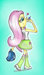 Size: 1677x2835 | Tagged: safe, artist:cartuneslover16, fluttershy, snail, equestria girls, g4, backpack, crossover, monsters university, turbo