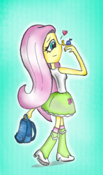 Size: 1677x2835 | Tagged: safe, artist:abigail m., fluttershy, snail, equestria girls, g4, backpack, crossover, monsters university, turbo