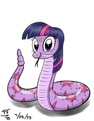 Size: 1190x1540 | Tagged: safe, artist:tomtornados, twilight sparkle, original species, snake, snake pony, g4, colored, female, forked tongue, irony, solo, species swap, twilight snakle