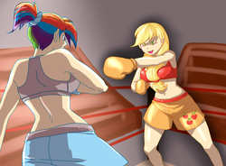 Size: 1024x754 | Tagged: dead source, safe, artist:cutelaughter, applejack, rainbow dash, human, g4, belly button, blushing, boxing, boxing gloves, boxing ring, clothes, fight, humanized, midriff, sports, sports bra, trunks