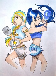 Size: 2876x3897 | Tagged: safe, artist:letwork, princess celestia, princess luna, human, g4, boxing gloves, humanized, midriff, traditional art