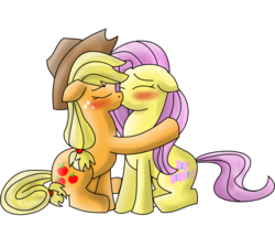 Size: 702x632 | Tagged: safe, artist:death-is-death, applejack, fluttershy, earth pony, pony, g4, blushing, duo, female, holding, kiss on the lips, kissing, lesbian, mare, ship:appleshy, shipping