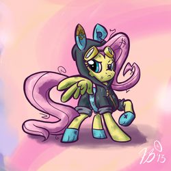 Size: 750x750 | Tagged: safe, artist:flavinbagel, fluttershy, pegasus, pony, g4, bunny ears, clothes, dangerous mission outfit, female, goggles, hoodie, mare, solo