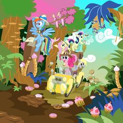 Size: 6000x6000 | Tagged: safe, artist:mick-o-maikeru, bon bon, derpy hooves, fluttershy, lyra heartstrings, pinkie pie, rainbow dash, sweetie drops, bird, earth pony, pegasus, pony, unicorn, g4, absurd resolution, candy, car, clothes, cookie, cupcake, donut, female, forest, goggles, ice cream, ice cream cone, jungle, map, mare, muffin, pie, safari