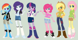 Size: 882x454 | Tagged: safe, artist:cookiejelly, applejack, fluttershy, pinkie pie, rainbow dash, rarity, twilight sparkle, equestria girls, g4, alternate clothes, alternate hairstyle, eqg promo pose set, mane six, redesign