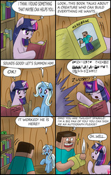 Size: 1949x3070 | Tagged: safe, artist:ciriliko, trixie, twilight sparkle, pony, unicorn, g4, alternate hairstyle, autograph, book, bookshelf, comic, creeper, female, herobrine, horn, magic, magic aura, male, minecraft, quill, speech bubble, summoning, text, unicorn twilight