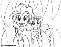 Size: 800x621 | Tagged: safe, artist:jcosneverexisted, pinkie pie, sweetie belle, earth pony, pony, unicorn, g4, butt touch, fangs, female, hoof on butt, mare, monochrome, monster, safari, teeth