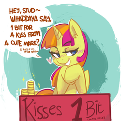 Size: 900x900 | Tagged: safe, artist:xieril, idw, sweetcream scoops, pony, unicorn, g4, spoiler:comic, bedroom eyes, bits, blushing, booth, dialogue, female, kissing booth, mare, solo, text