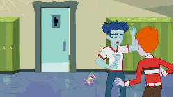 Size: 576x324 | Tagged: safe, screencap, curly winds, heath burns, scribble dee, some blue guy, spike, twilight sparkle, dog, equestria girls, g4, my little pony equestria girls, animated, background human, bathroom, spike the dog, this strange world