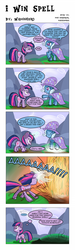 Size: 576x1920 | Tagged: safe, artist:pony-berserker, artist:szafalesiaka, artist:wadusher0, trixie, twilight sparkle, pony, g4, magic duel, abuse, comic, gravity, magic, schedule, spell, trixiebuse