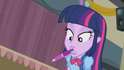 Size: 1920x1080 | Tagged: safe, screencap, twilight sparkle, equestria girls, g4, my little pony equestria girls, female, out of context, pen, solo