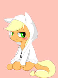 Size: 1500x2000 | Tagged: safe, artist:hino, applejack, g4, applecat, blushing, cat hoodie, clothes, female, pajamas, simple background, sitting, solo