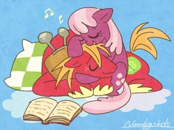 Size: 463x349 | Tagged: safe, artist:nmnkgskds, big macintosh, cheerilee, earth pony, pony, g4, book, cuddling, male, music notes, ship:cheerimac, shipping, snuggling, stallion, straight, wavy mouth