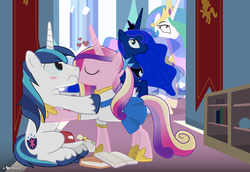 Size: 1075x740 | Tagged: safe, artist:dm29, princess cadance, princess celestia, princess luna, shining armor, alicorn, pony, unicorn, g4, blushing, book, cheerleader, duo focus, female, foreplay, heart, kiss on the lips, kissing, male, mare, stallion