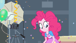 Size: 640x360 | Tagged: safe, screencap, pinkie pie, twilight sparkle, equestria girls, g4, my little pony equestria girls, animated, balloon, blowing up balloons, camera, cartoon physics, confetti, female, lighting umbrella, pinkie being pinkie, pinkie physics, streamers, that pony sure does love balloons, tripod