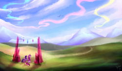 Size: 1275x750 | Tagged: safe, artist:heilos, princess cadance, twilight sparkle, alicorn, pony, g4, female, mare, scenery, twilight sparkle (alicorn)