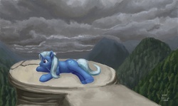 Size: 1250x743 | Tagged: safe, artist:zevironmoniroth, trixie, pony, unicorn, g4, cloud, cloudy, female, lonely, mare, mountain, sad, scenery, solo