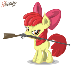 Size: 1100x1003 | Tagged: dead source, safe, artist:slitherpon, apple bloom, earth pony, pony, g4, female, filly, foal, gun, mouth hold, shotgun, simple background, solo, transparent background, weapon