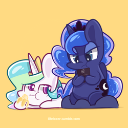 Size: 500x500 | Tagged: safe, artist:php56, princess celestia, princess luna, gamer luna, g4, :t, banana, chibi, cute, eating, frown, herbivore, nintendo ds, prone, sitting, smiling