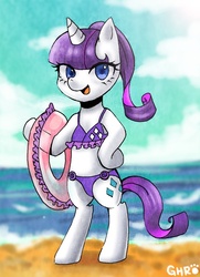 Size: 650x897 | Tagged: safe, artist:gomhoren, rarity, pony, unicorn, g4, ask-rarity-kor, beach, bikini, bipedal, clothes, female, floaty, inner tube, solo, swimsuit