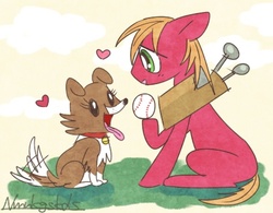 Size: 453x354 | Tagged: safe, artist:nmnkgskds, big macintosh, winona, earth pony, pony, g4, baseball, heart, male, pixiv, stallion