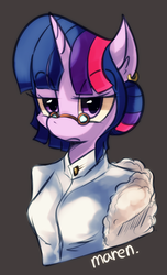 Size: 533x878 | Tagged: safe, artist:maren, twilight sparkle, anthro, g4, alternate hairstyle, bust, female, glasses, solo