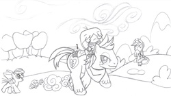 Size: 3100x1735 | Tagged: safe, artist:rmsaun98722, apple bloom, applejack, big macintosh, earth pony, human, pony, g4, crossover, foster's home for imaginary friends, lineart, mac (foster's), male, monochrome, riding, stallion