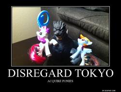 Size: 750x574 | Tagged: safe, rainbow dash, rarity, kaiju, g4, demotivational poster, godzilla, godzilla (series), irl, mcdonald's happy meal toys, meme, toy