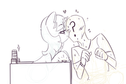 Size: 1008x673 | Tagged: source needed, safe, artist:xieril, sweetcream scoops, oc, oc:anon, human, pony, unicorn, g4, spoiler:comic, horn, kissing, kissing booth
