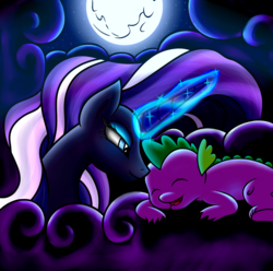 Size: 3025x3000 | Tagged: dead source, safe, artist:rex42, nightmare rarity, spike, dragon, pony, unicorn, g4, eyes closed, female, glowing, glowing horn, horn, lying down, magic, magic aura, male, open mouth, open smile, prone, ship:nightmare sparity, shipping, smiling, straight, tail