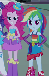 Size: 338x518 | Tagged: safe, screencap, pinkie pie, rainbow dash, equestria girls, g4, my little pony equestria girls, arm warmers, boots, clothes, fall formal outfits, female, hand on hip, hat, looking at you, skirt, top hat, wings