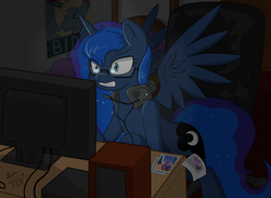 Size: 1125x825 | Tagged: safe, artist:average-hanzo, princess luna, twilight sparkle, alicorn, pony, gamer luna, g4, computer, dark, female, glasses, headphones, mare, solo, twilight sparkle (alicorn)