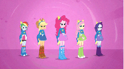 Size: 480x270 | Tagged: safe, screencap, applejack, fluttershy, pinkie pie, rainbow dash, rarity, equestria girls, equestria girls (movie), animated, boots, female, hand on knee, helping twilight win the crown, high heel boots, humane five, jumping, shoes, skipping, spinning, squatting