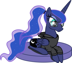 Size: 8810x7720 | Tagged: safe, artist:algonquinmaniac, princess luna, g4, absurd resolution, alternate hairstyle, casual, clothes, female, glasses, hoodie, long hair, ponytail, simple background, solo, transparent background, vector