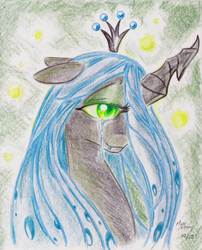 Size: 1633x2024 | Tagged: dead source, safe, artist:misschang, queen chrysalis, changeling, changeling queen, g4, crying, female, solo, tears of joy, traditional art