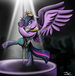 Size: 1000x1011 | Tagged: safe, artist:jamescorck, twilight sparkle, alicorn, pony, g4, clothes, female, fishnet stockings, mare, pole dancing, solo, stockings, stripper pole, twilight sparkle (alicorn)