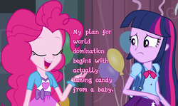 Size: 1280x762 | Tagged: safe, edit, edited screencap, screencap, pinkie pie, twilight sparkle, equestria girls, g4, my little pony equestria girls, cards against equestria girls, duo, image macro, pink text