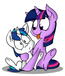 Size: 1110x1305 | Tagged: safe, artist:strangiesleepy, shining armor, twilight sparkle, pony, unicorn, friendship is witchcraft, g4, colt, female, filly, francis sparkle, incest, male, not creepy, shipping, siblings, simple background, tongue out, transparent background, wide eyes, younger