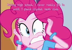 Size: 1280x882 | Tagged: safe, edit, edited screencap, screencap, pinkie pie, equestria girls, g4, my little pony equestria girls, cards against equestria girls, drugs, female, image macro, pink text, solo