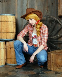 Size: 720x900 | Tagged: safe, artist:artemismooncosplay, applejack, human, g4, barrel, clothes, cosplay, costume, cowboy hat, hat, irl, irl human, jeans, pants, photo, solo