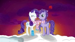 Size: 1024x576 | Tagged: safe, artist:yoshicat02, rarity, oc, oc:kydose, pegasus, pony, unicorn, g4, blushing, canon x oc, eyes closed, heart, love, raridose, shipping, sunset, winter