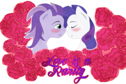 Size: 1024x690 | Tagged: safe, artist:alexutzu4000, rarity, oc, oc:kydose, pegasus, pony, unicorn, g4, blushing, canon x oc, love, nose rub, rose, shipping